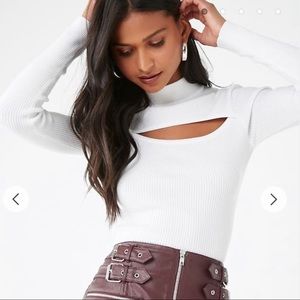 White Turtleneck Keyhole Sweater Top 